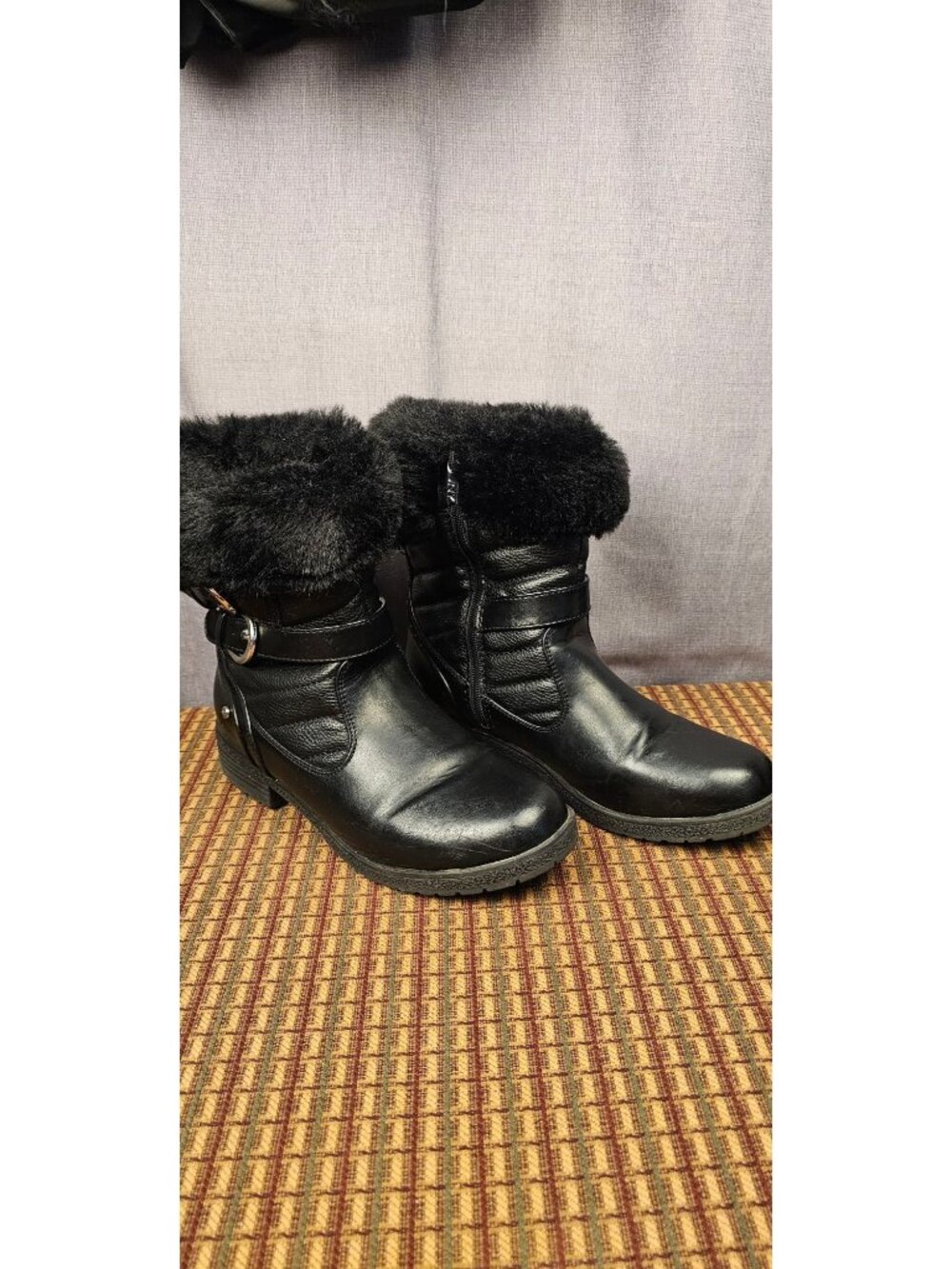 Jones New York Black Faux Fur Lined Ankle Boots With Side Zipper & Buckle Detail
